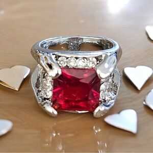 Red Stone with Rhinestones Silver Ring